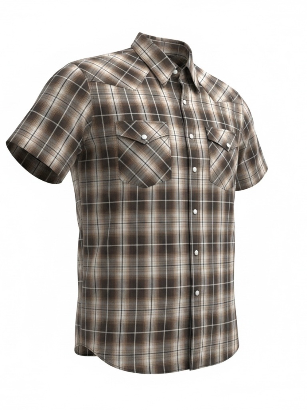 Rodeo Clothing Co Shirt L Brown-Black Plaid Pearl Snap Western Short Sleeve